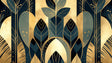 Art deco leaf wallpaper in modern living room, gold and navy pattern creating elegant atmosphere