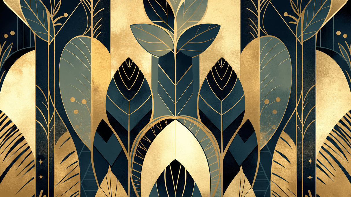Art deco leaf wallpaper in modern living room, gold and navy pattern creating elegant atmosphere