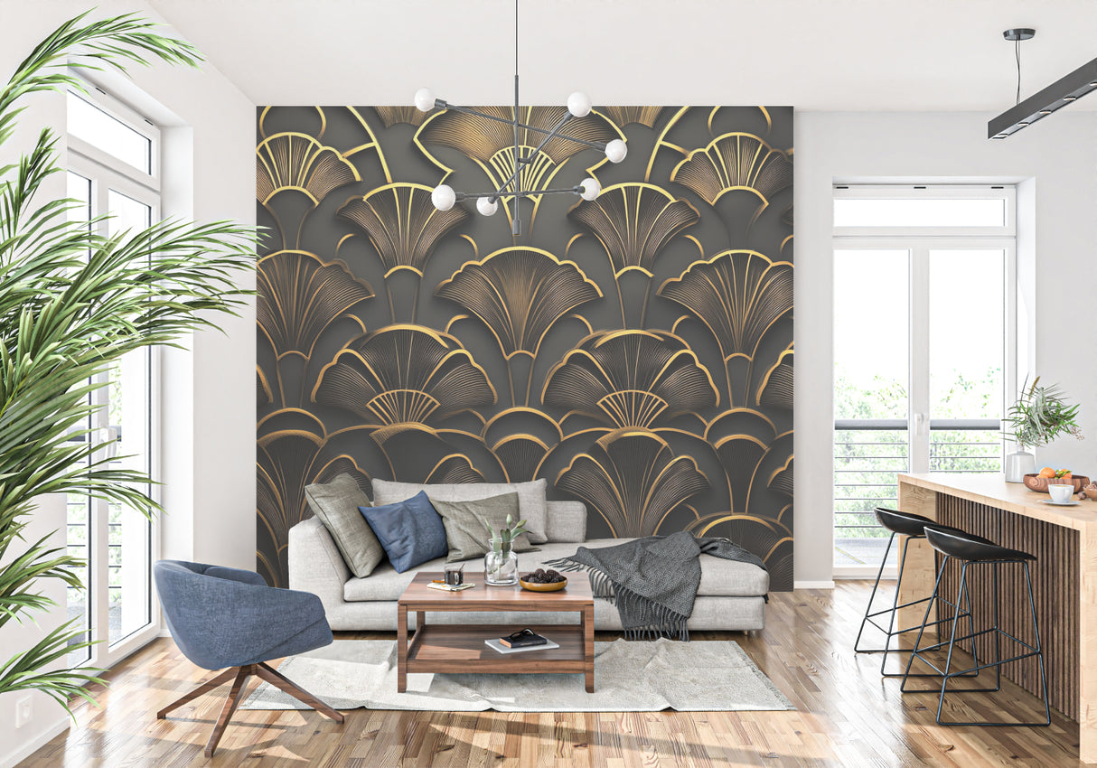 Art deco black and gold fan wallpaper in modern dining room creates luxury atmosphere