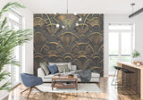 Art deco black and gold fan wallpaper in modern dining room creates luxury atmosphere