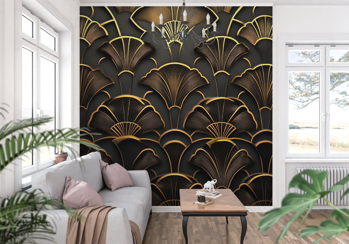 Gold fan pattern art deco wallpaper making statement in master bedroom