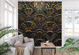 Gold fan pattern art deco wallpaper making statement in master bedroom