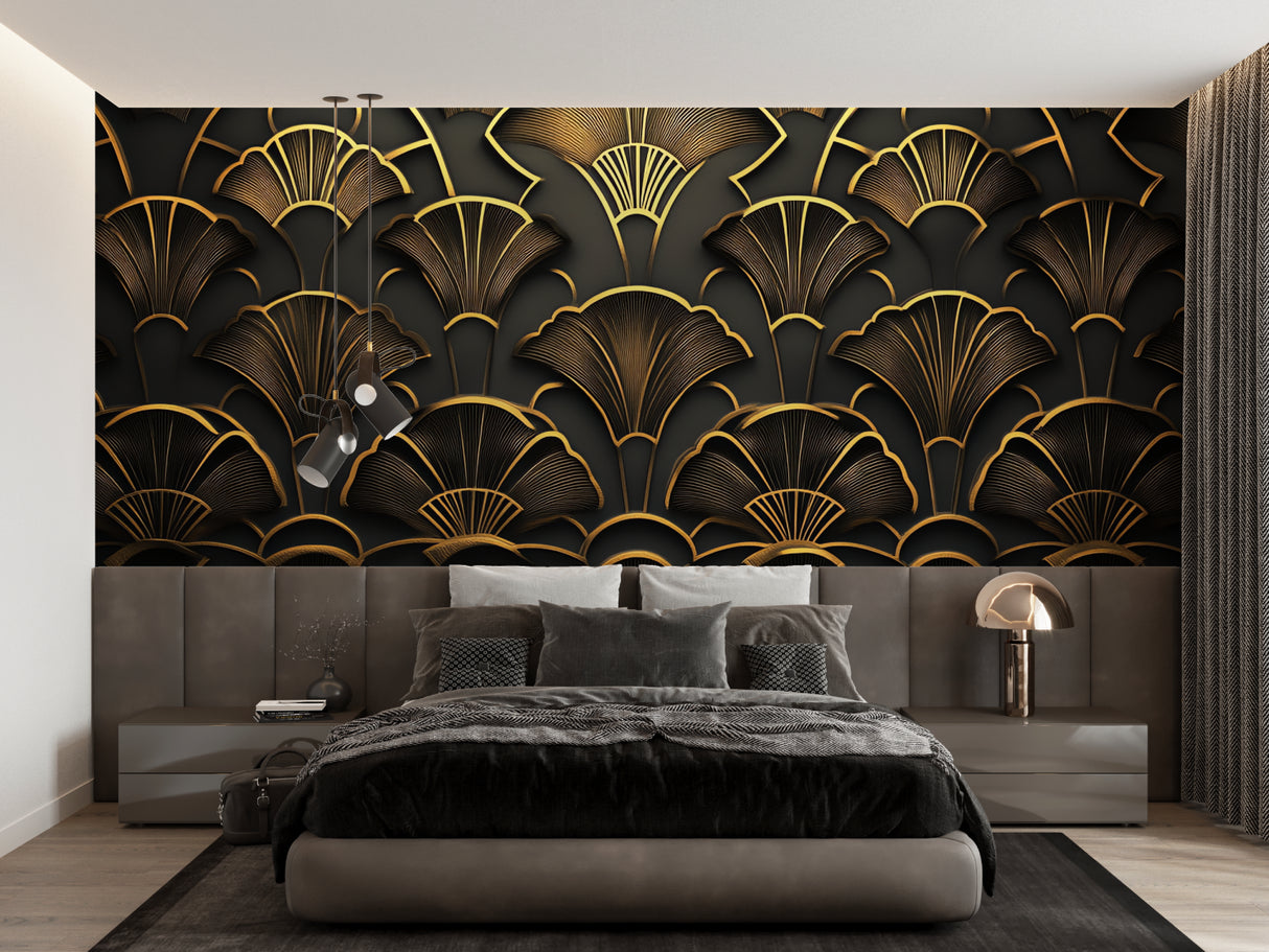 Black and gold art deco wallpaper adding drama to hotel lobby