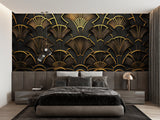 Black and gold art deco wallpaper adding drama to hotel lobby