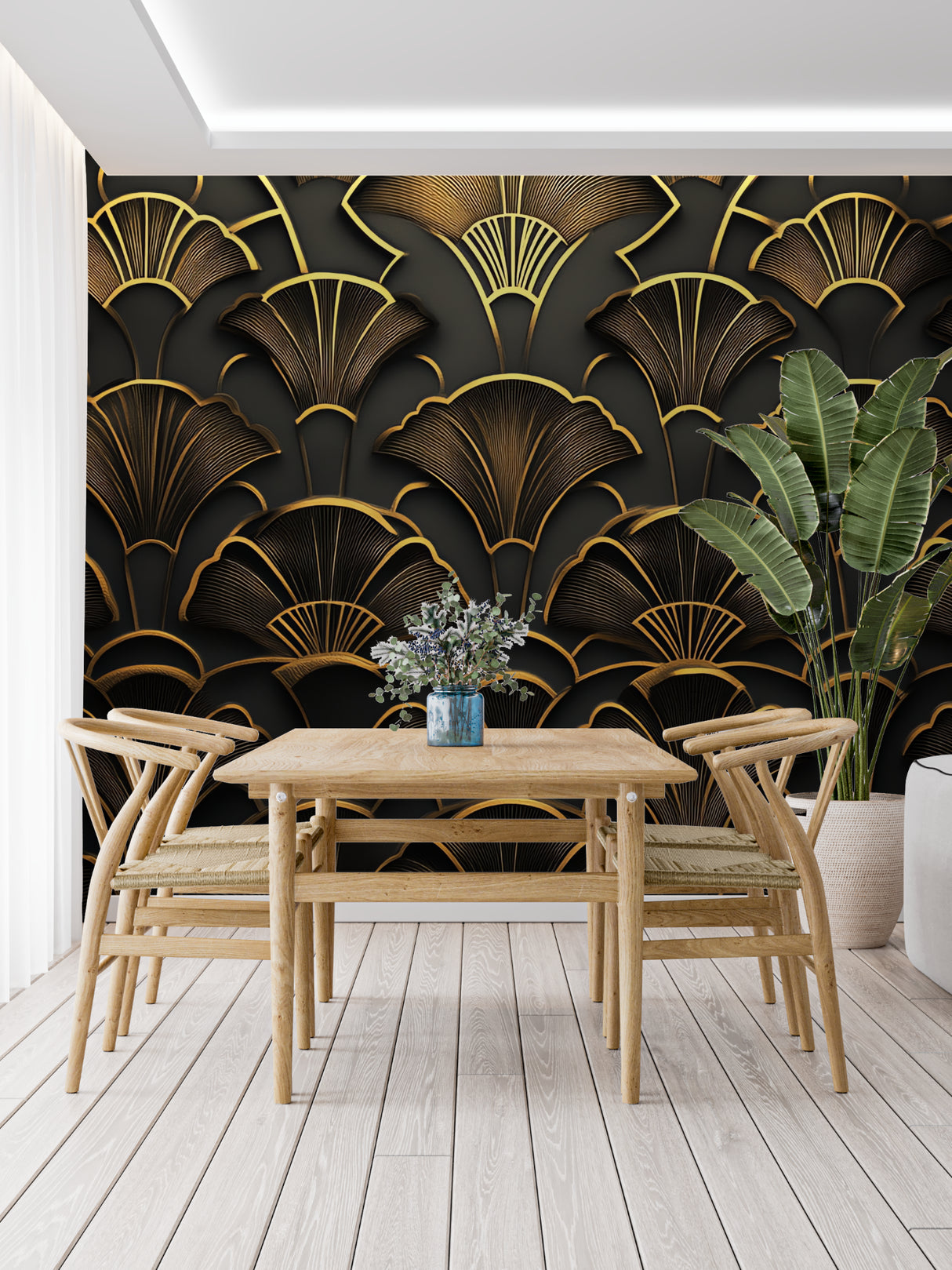 Art deco fan pattern wallpaper transforming home office space
