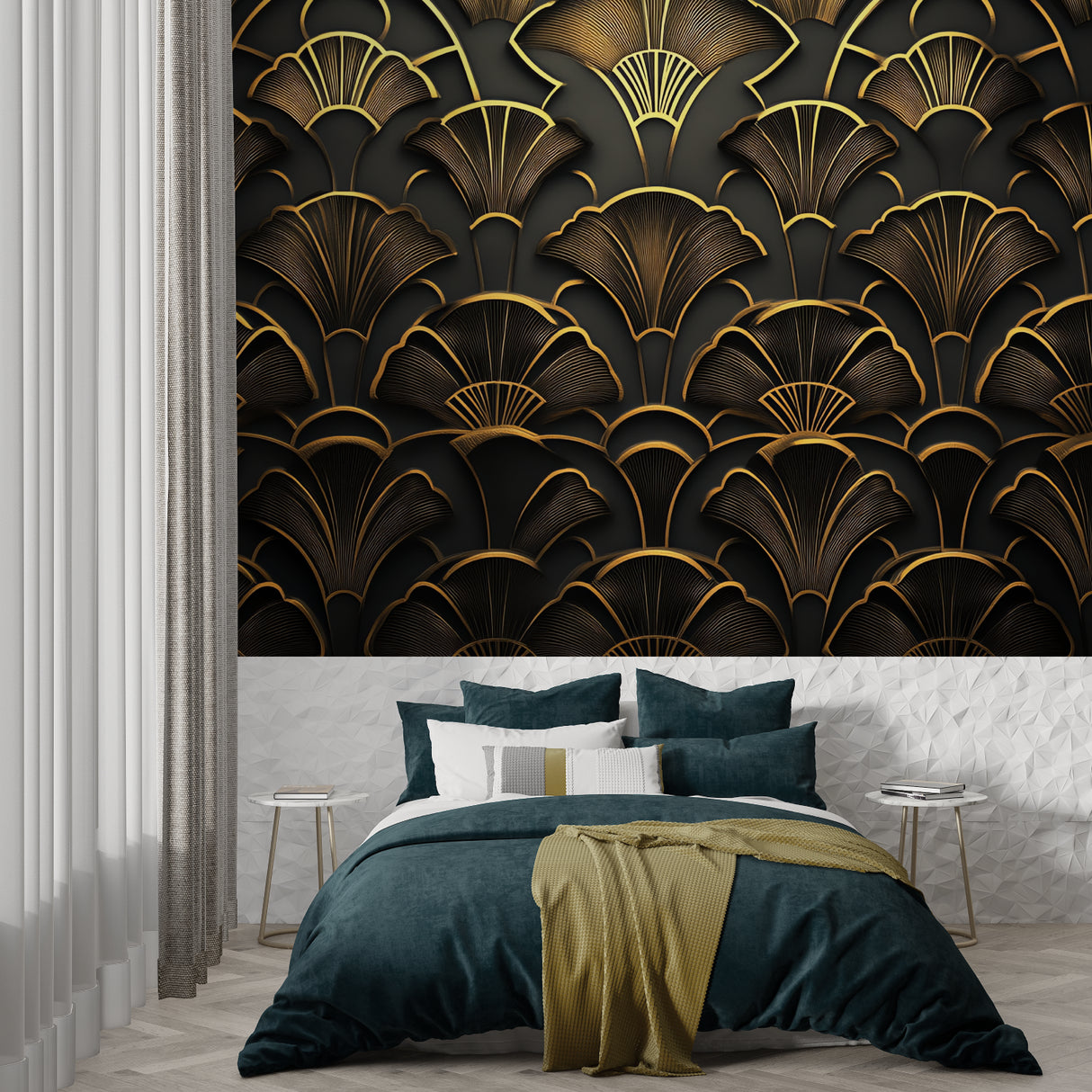 Gold geometric wallpaper creating focal point in living room