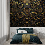 Gold geometric wallpaper creating focal point in living room