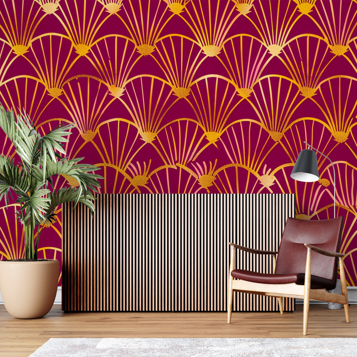 Art Deco fan pattern wallpaper in burgundy and gold creating drama in a modern dining room