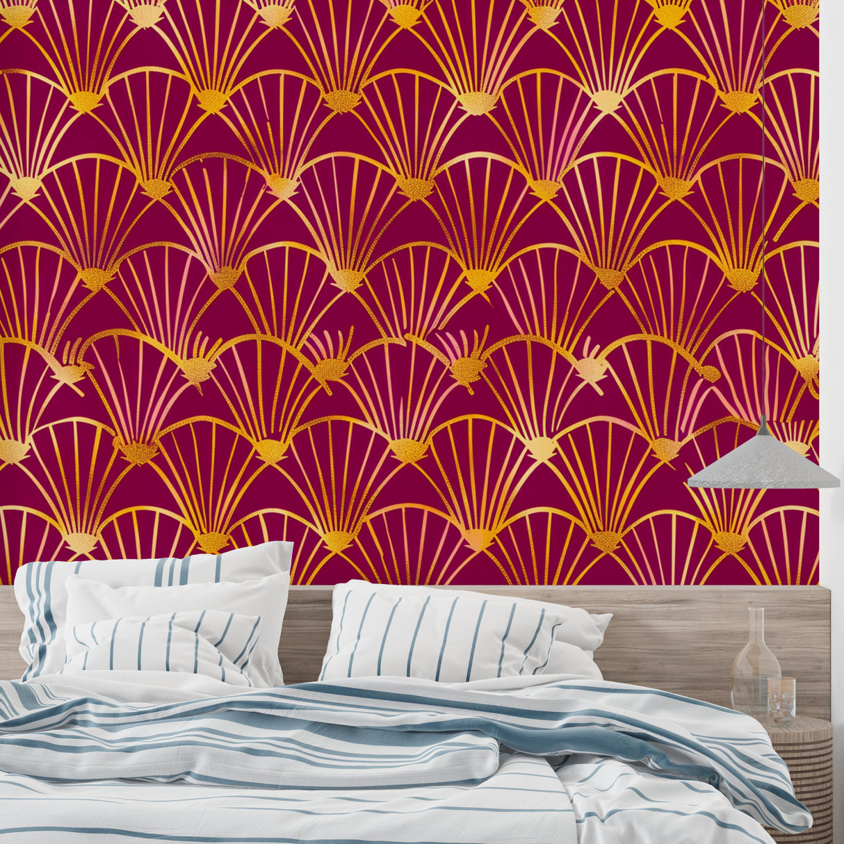 Luxury Art Deco wallpaper with gold fans shown in a master bedroom setting