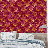 Luxury Art Deco wallpaper with gold fans shown in a master bedroom setting