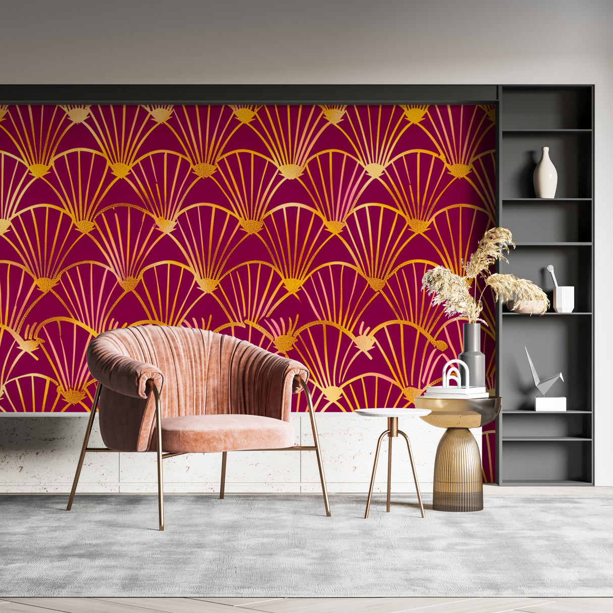 Burgundy and gold Art Deco fan pattern mural styled in a hotel lobby
