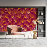 Burgundy and gold Art Deco fan pattern mural styled in a hotel lobby