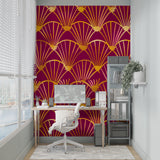 Gold geometric fan wallpaper creating luxury atmosphere in home office