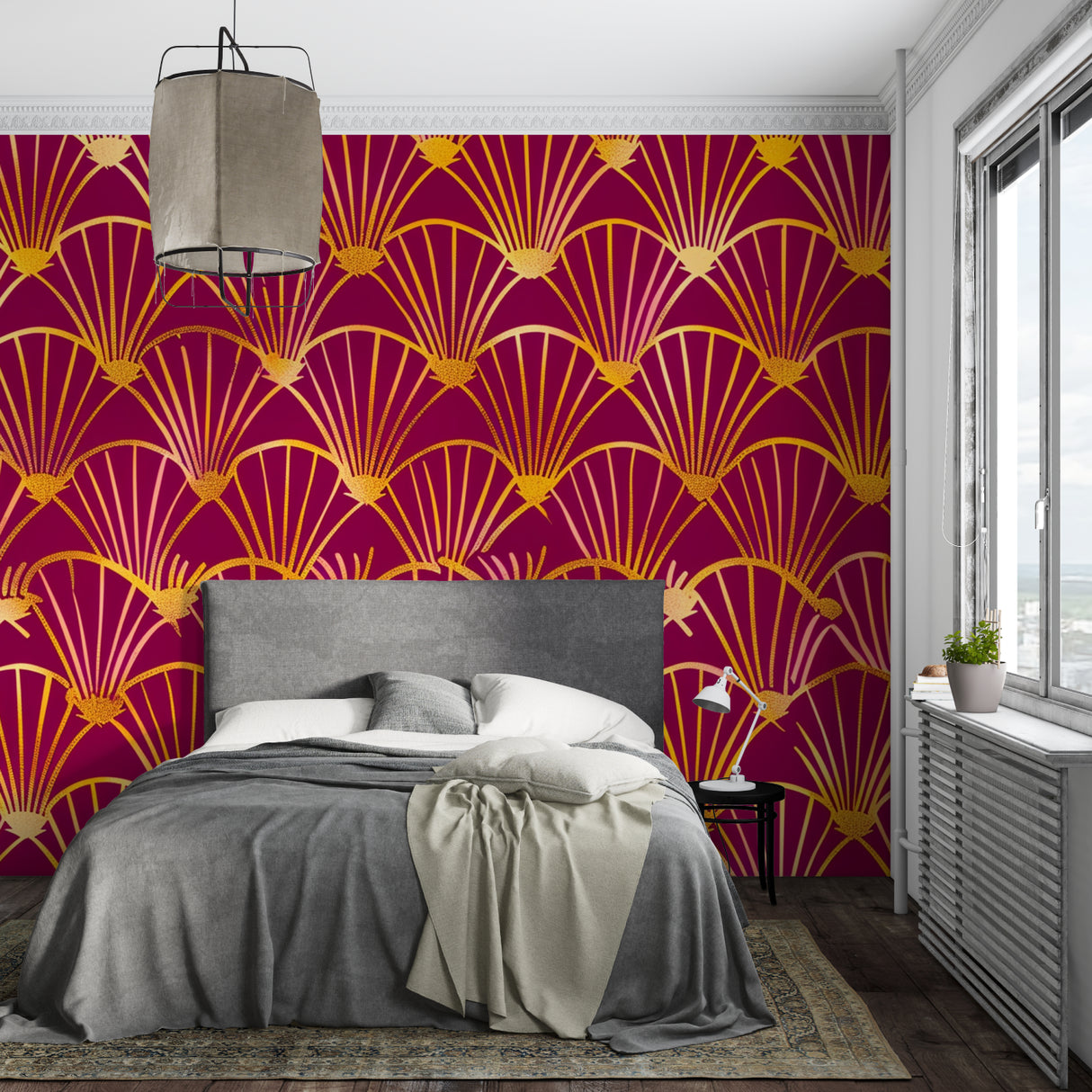 Art Deco burgundy wallpaper with gold fans making statement in living room