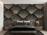 Art deco fan pattern wallpaper in modern grey dining room with golden accents