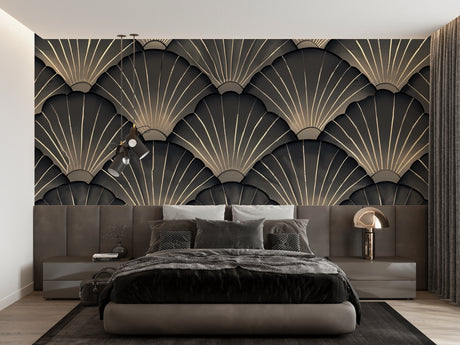 Art deco fan pattern wallpaper in modern grey dining room with golden accents