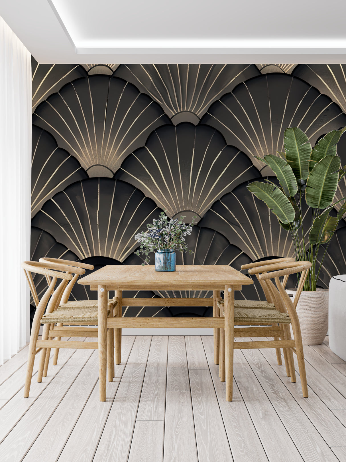 Gold geometric art deco wallpaper in luxury master bedroom setting