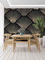 Gold geometric art deco wallpaper in luxury master bedroom setting