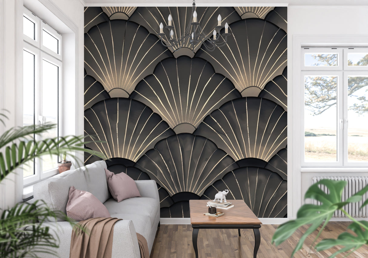 Grey and gold art deco wallpaper in contemporary living room
