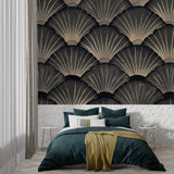 Art deco fan wallpaper creating drama in hotel lobby entrance