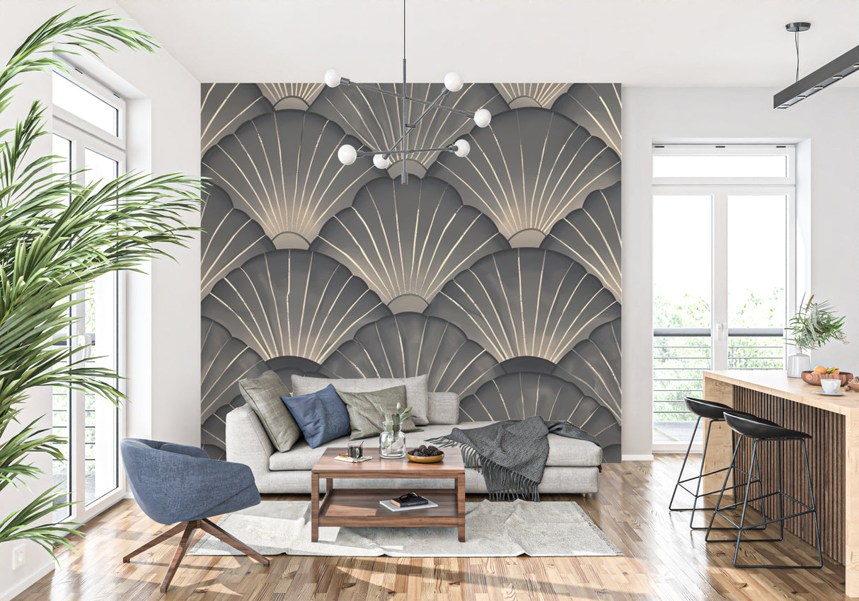 Gold fan pattern wall mural in upscale restaurant setting