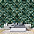 Art deco fan wallpaper in modern dining room, gold and teal geometric pattern adding luxury feel