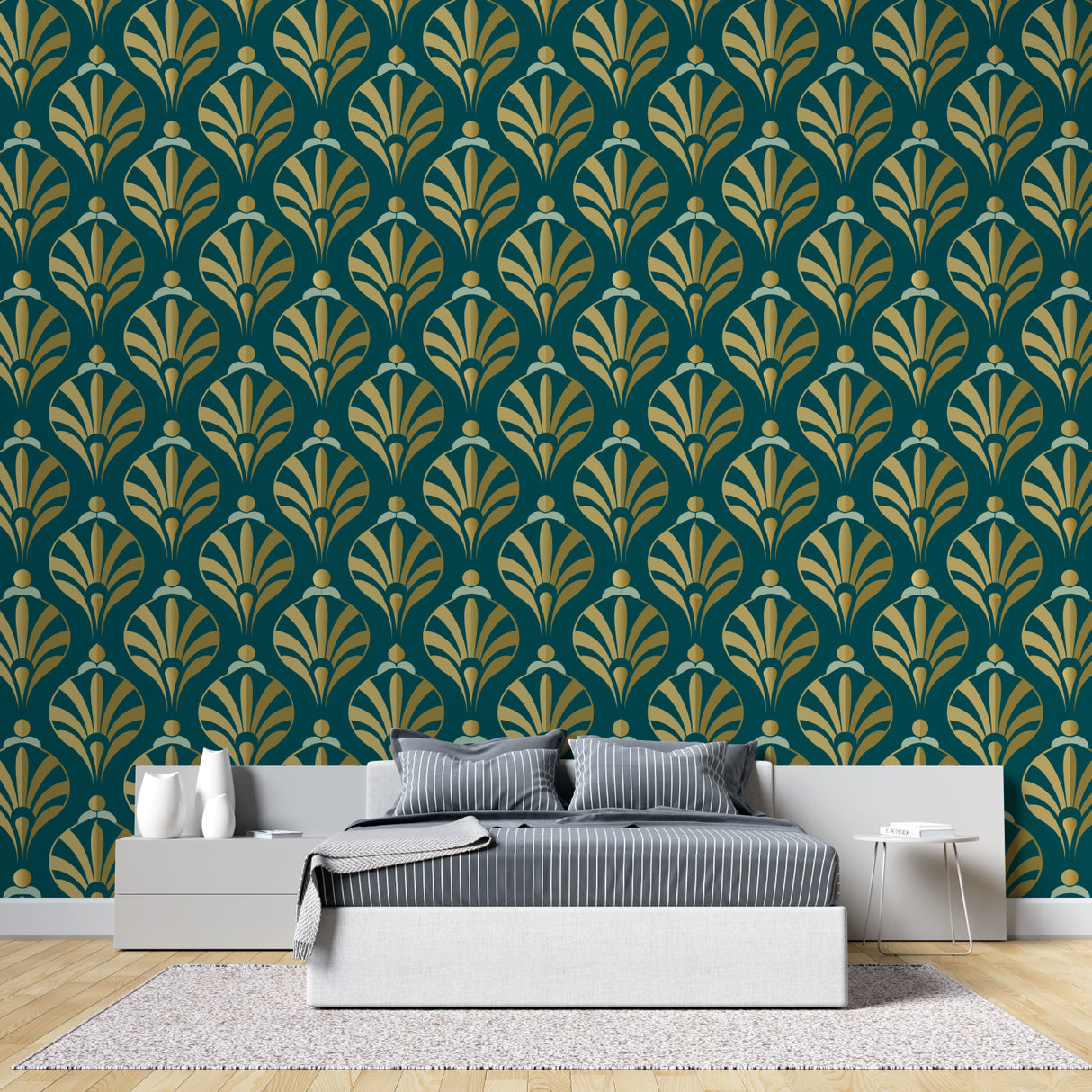 Art deco fan wallpaper in modern dining room, gold and teal geometric pattern adding luxury feel