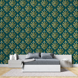 Art deco fan wallpaper in modern dining room, gold and teal geometric pattern adding luxury feel