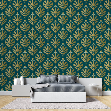 Art deco fan wallpaper in modern dining room, gold and teal geometric pattern adding luxury feel