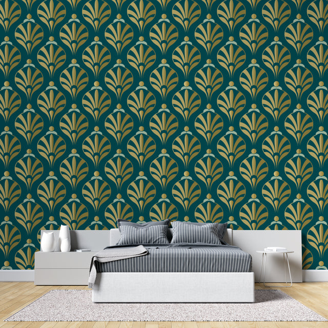 Art deco fan wallpaper in modern dining room, gold and teal geometric pattern adding luxury feel