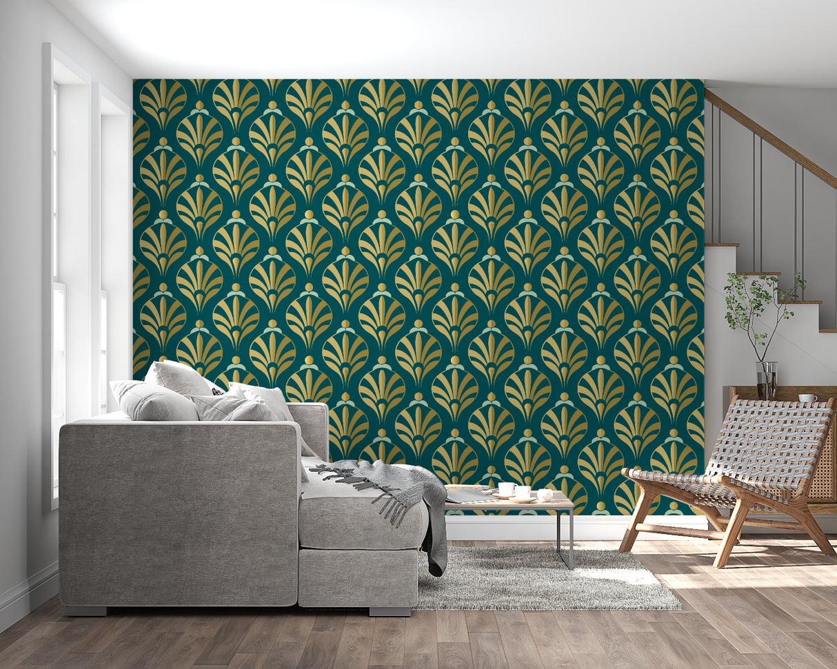 Teal and gold art deco wallpaper in master bedroom creating elegant atmosphere
