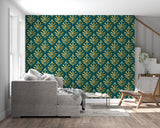 Teal and gold art deco wallpaper in master bedroom creating elegant atmosphere