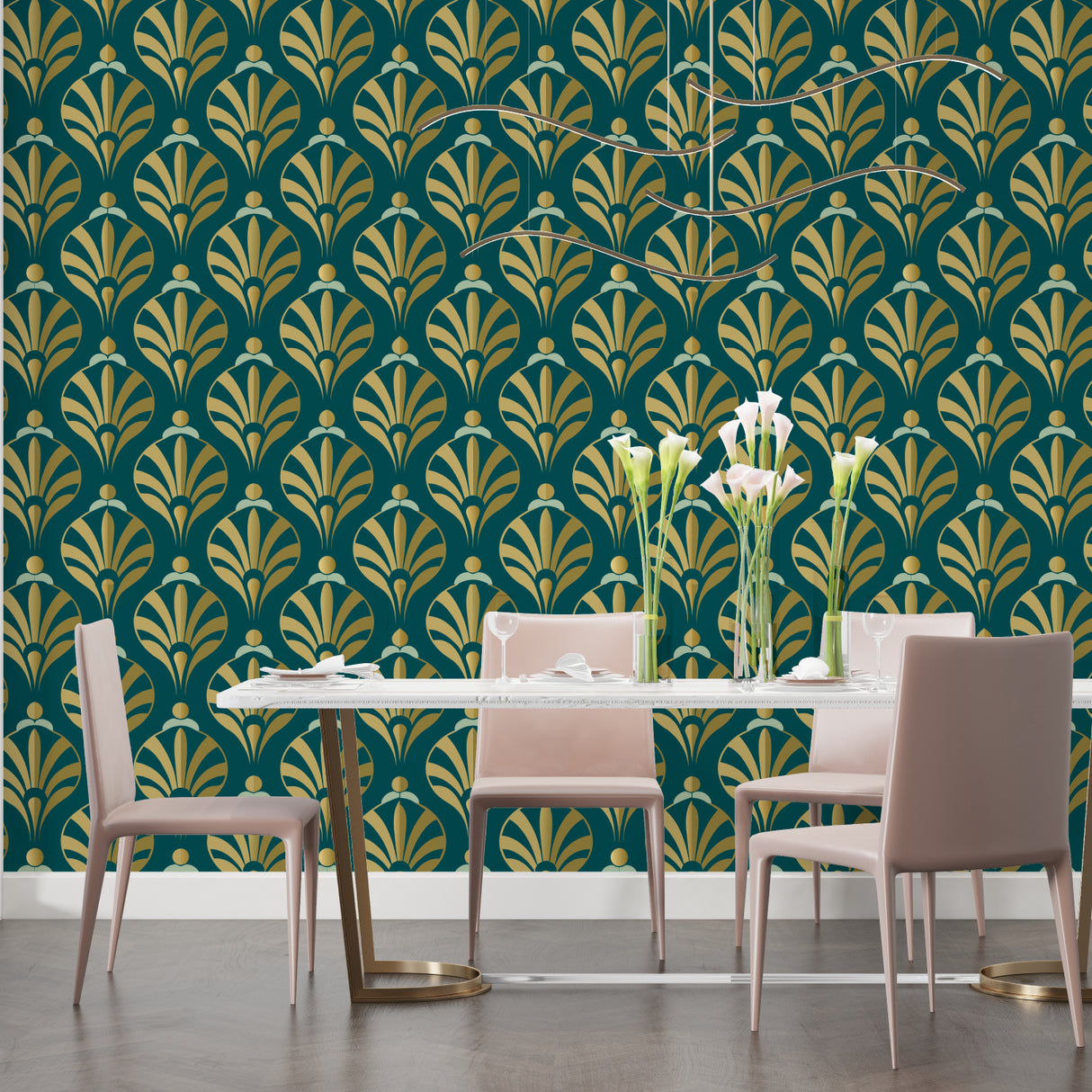 Gold geometric fan pattern wallpaper in hotel lobby showing scale and impact