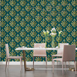 Gold geometric fan pattern wallpaper in hotel lobby showing scale and impact