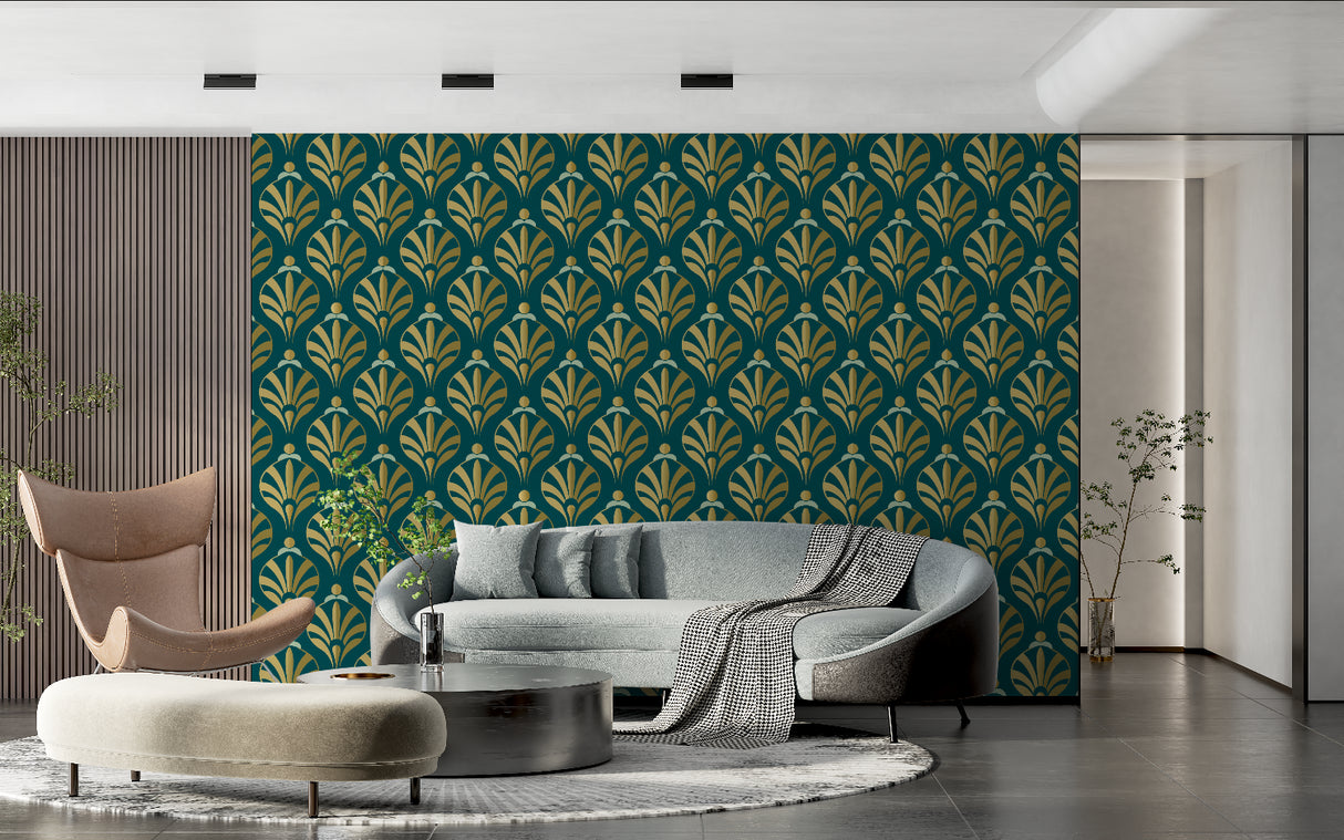 Art deco wall mural in home office with dramatic lighting on metallic details