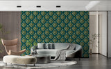 Art deco wall mural in home office with dramatic lighting on metallic details