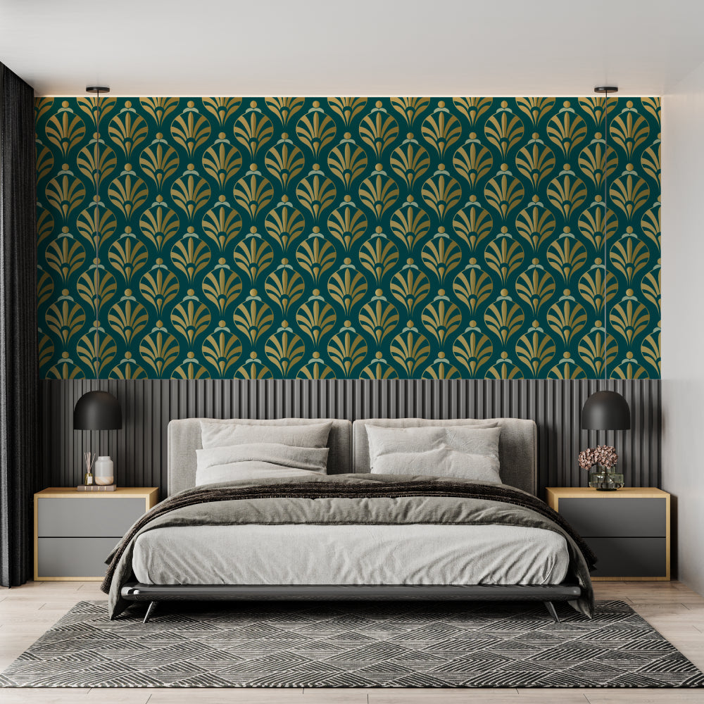 Vintage-inspired fan pattern in living room showing full wall application