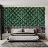 Vintage-inspired fan pattern in living room showing full wall application