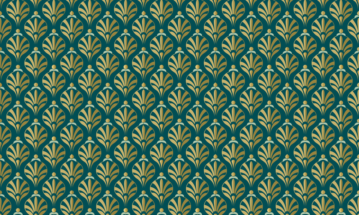 Art deco wallpaper design file showing detailed gold fan pattern on teal background