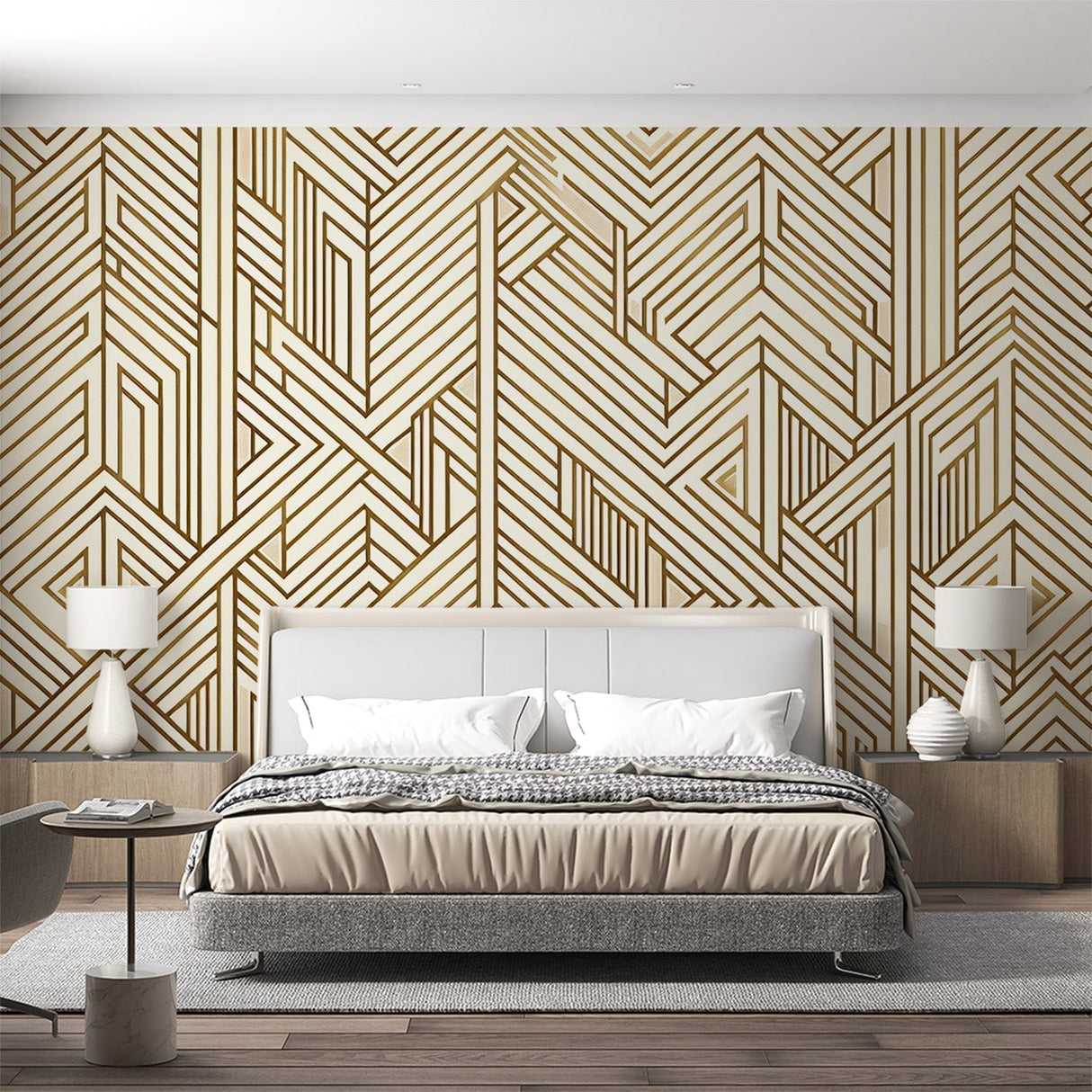 Gold geometric Art Deco wallpaper creating drama in a modern living room with high ceilings and minimal furniture