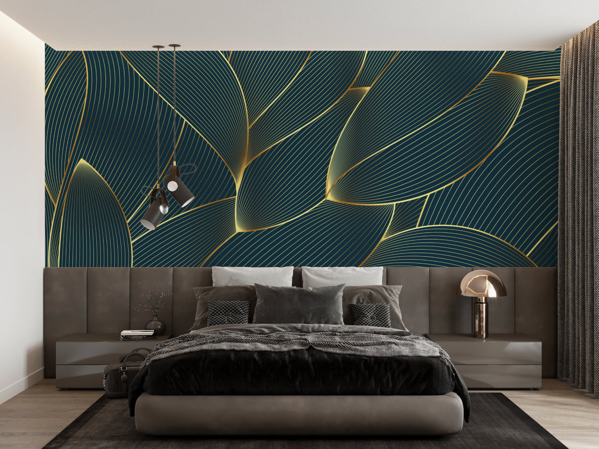 Home office accent wall with geometric art deco wallpaper in blue and gold