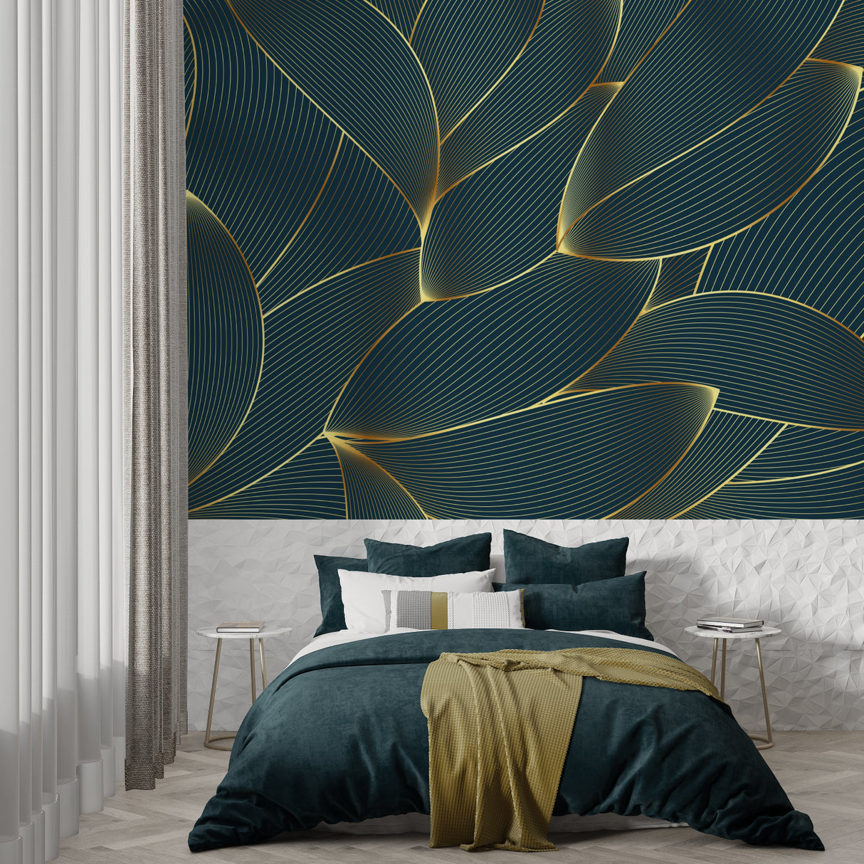 Hallway featuring linear pattern art deco wallpaper with gold details