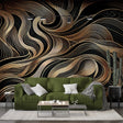 Art deco gold wave wallpaper mural creating dramatic effect in modern dining room with black furniture and pendant lights