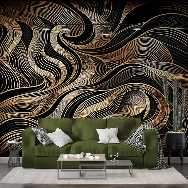 Art deco gold wave wallpaper mural creating dramatic effect in modern dining room with black furniture and pendant lights