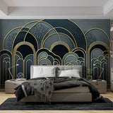 Art deco forest wallpaper creating an elegant statement wall in a modern dining room with gold accents and soft lighting