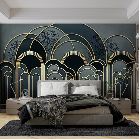 Art deco forest wallpaper creating an elegant statement wall in a modern dining room with gold accents and soft lighting