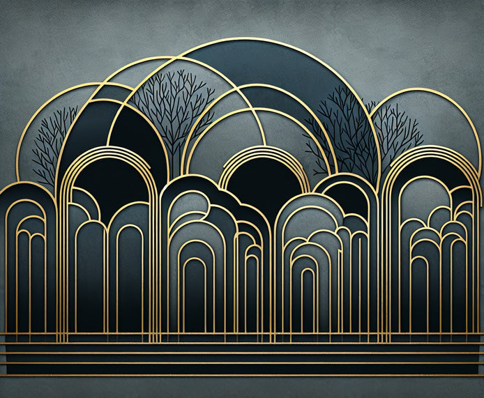 Art deco wallpaper design file showing detailed golden arches and forest elements pattern on deep teal background