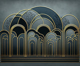Art deco wallpaper design file showing detailed golden arches and forest elements pattern on deep teal background