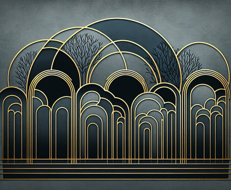 Art deco wallpaper design file showing detailed golden arches and forest elements pattern on deep teal background