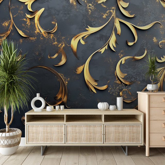 Black and gold Art Deco wallpaper creating drama in a modern dining room with pendant lights highlighting the metallic details